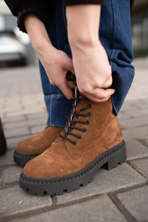 Women S Brown Suede Combat Boots Handmade Lace